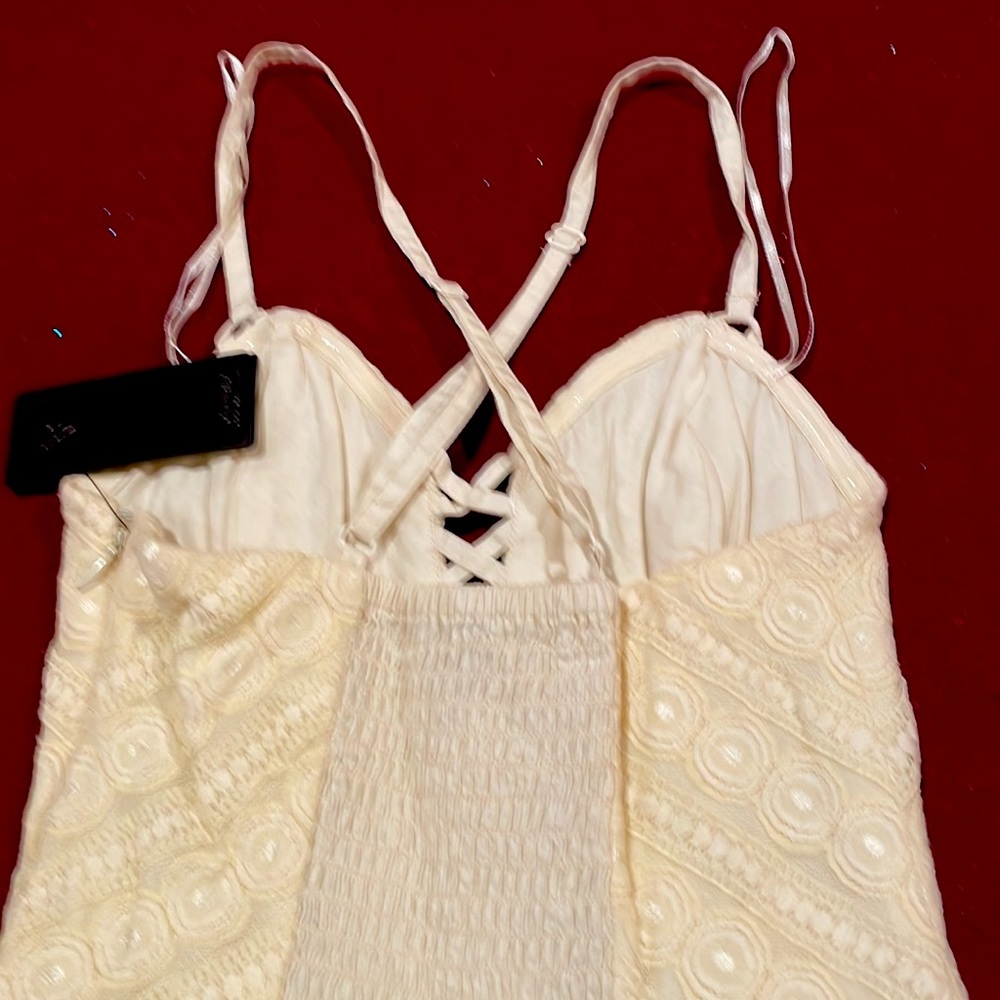 Guess Ivory White Lace Linear Dot Dress Smocked Back Mini V Neck Cotton 2 NWT - Picture 7 of 12